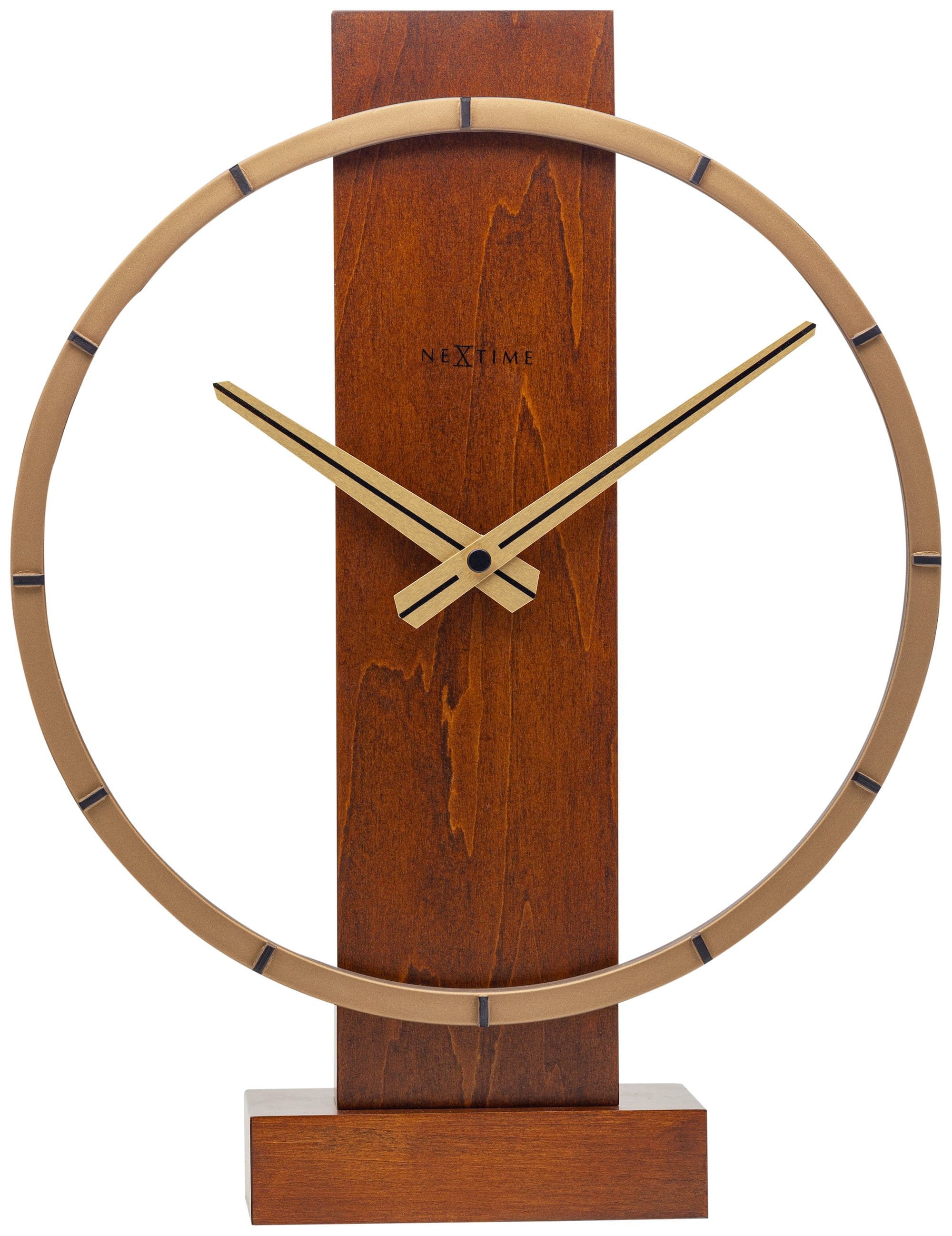 NeXtime Carl Small wooden and steel table or wall clock, 34x27 cm, featuring a modern design with a round face and minimalist style.